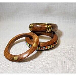 Vintage Wood and Brass and color Inlay Bangle Bracelet Boho Statement Bracelets